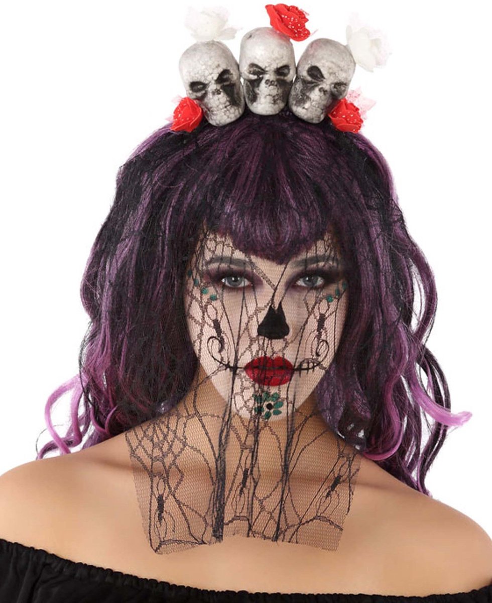 ATOSA - Dia de los Muertos doodskop haarband met sluier voor volwassenen - Accessoires > Haar accessoire